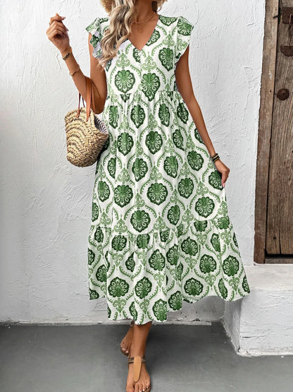 Ruffled Printed V-Neck Cap Sleeve Dress