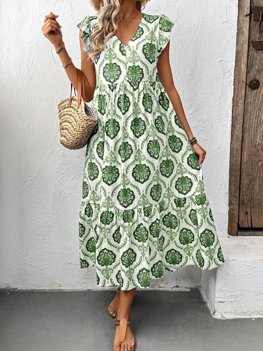 Ruffled Printed V-Neck Cap Sleeve Dress