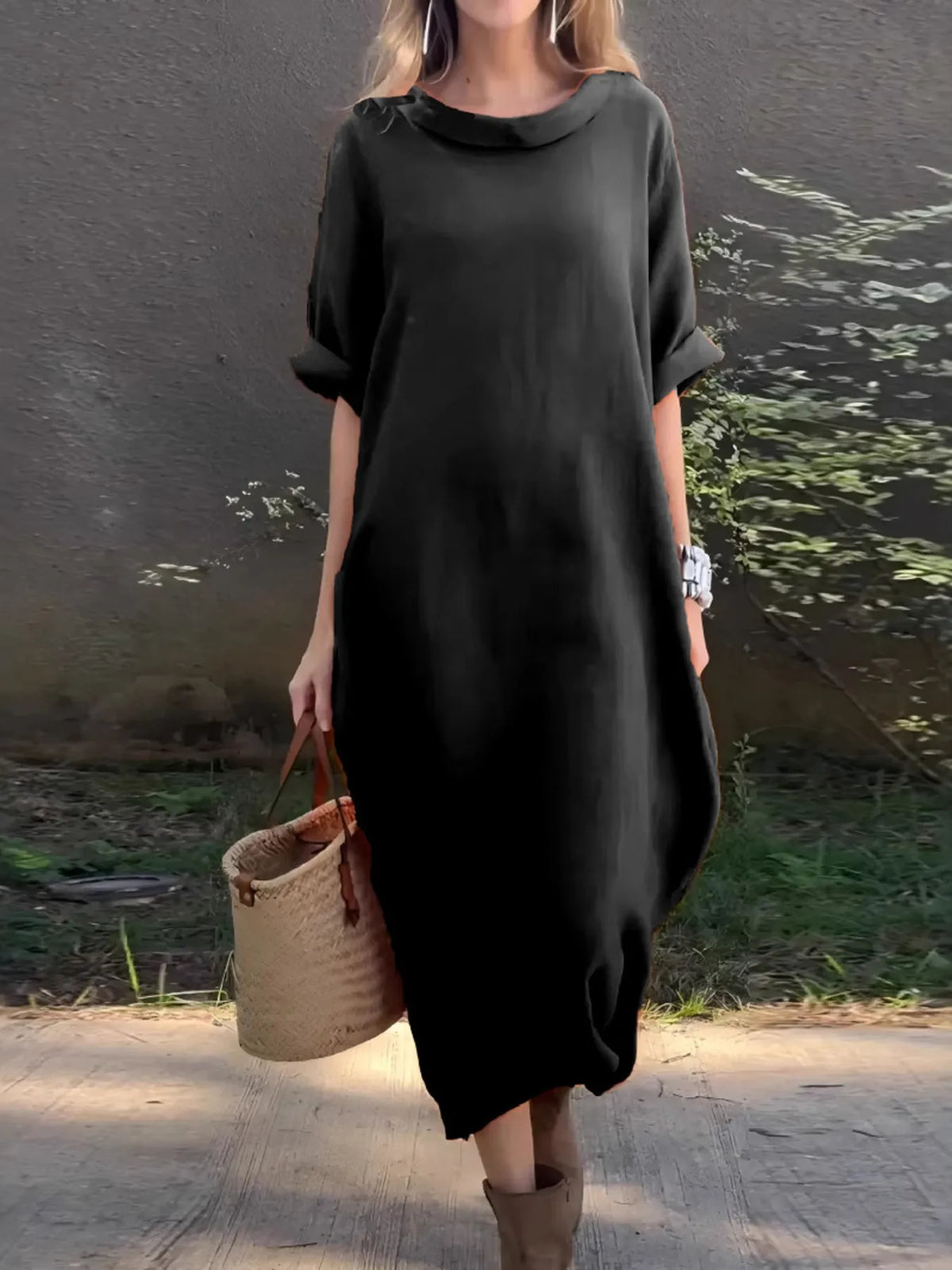 Full Size Casual Loose Fit Round Neck Midi Dress Plus Size