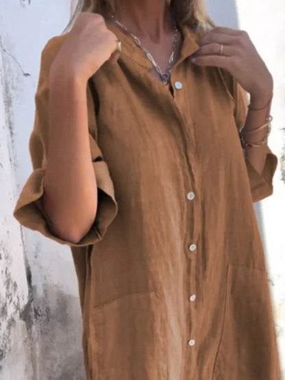 Full Size Casual Linen Button-Down Shirt Dress Plus Size