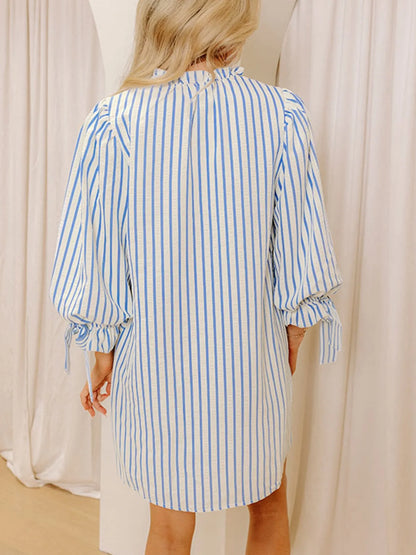 Stripe Knotted Sleeve Notched Shift Mini Dress
