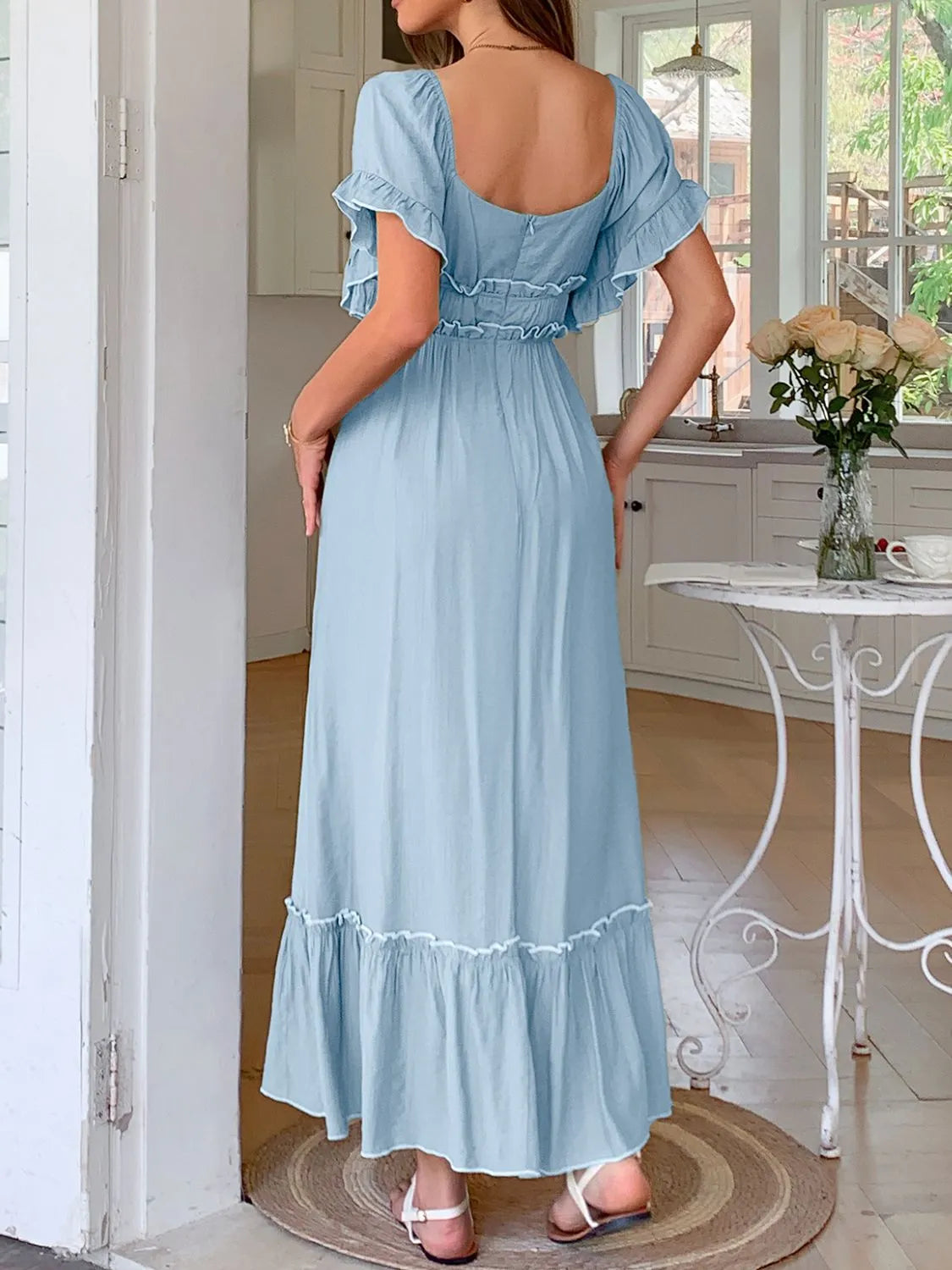 Square Neck Puff Sleeve Ruffle Trim Maxi Dress
