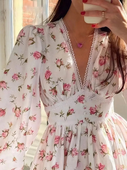 Full Size Floral Print Lace Detail V-Neck Mini Dress Plus SIze