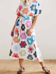 Floral Print Midi Dress with Scalloped Edges