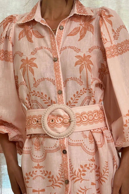 Printed Balloon Sleeve Maxi Shirt Dress