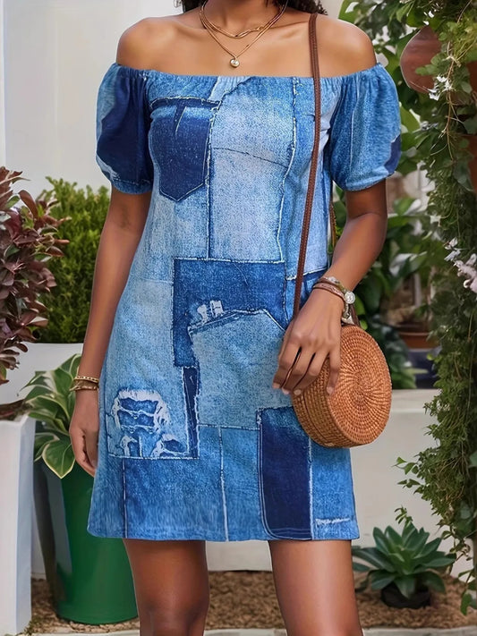 Patchwork Off Shoulder Denim Mini Dress