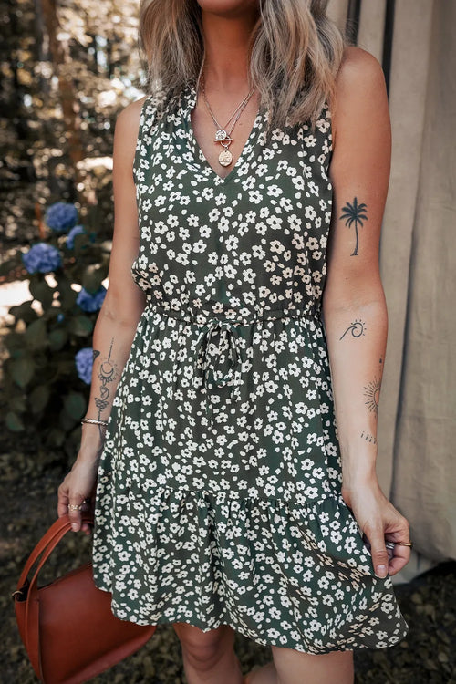 Boho Floral Print V Neck Tunic Sleeveless Dress