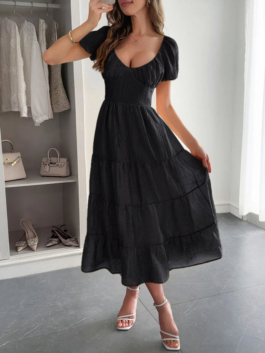 Backless Tiered Puff Sleeve Midi Dress