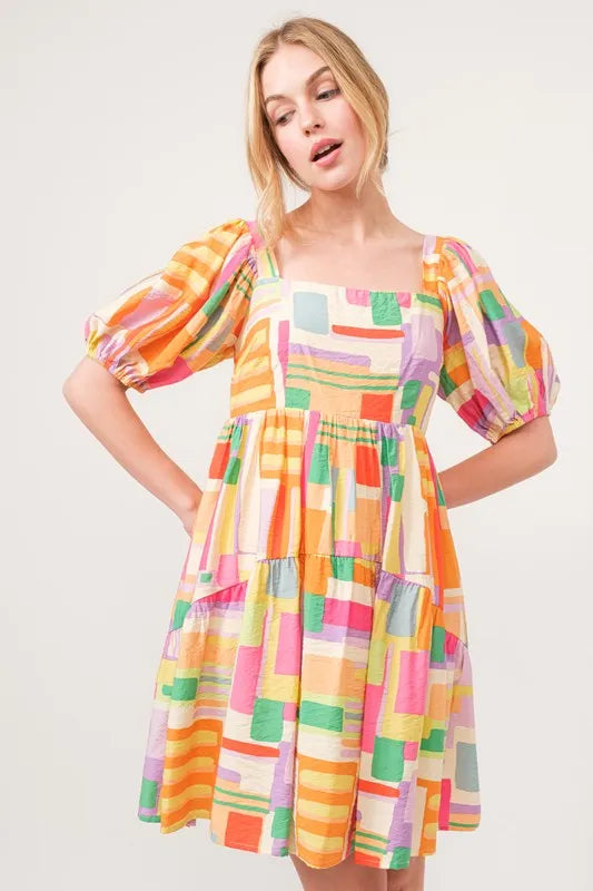 And The Why Square Neck Puff Sleeve Geo Printed Mini Dress