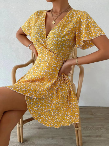Floral Flutter Sleeve Wrap Mini Dress