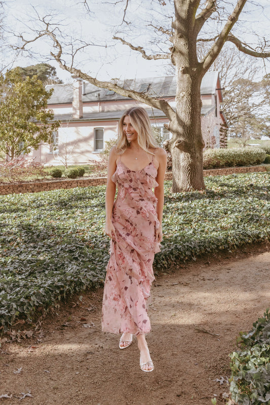 Ciao Ruffles Maxi Dress - Pale Pink Floral