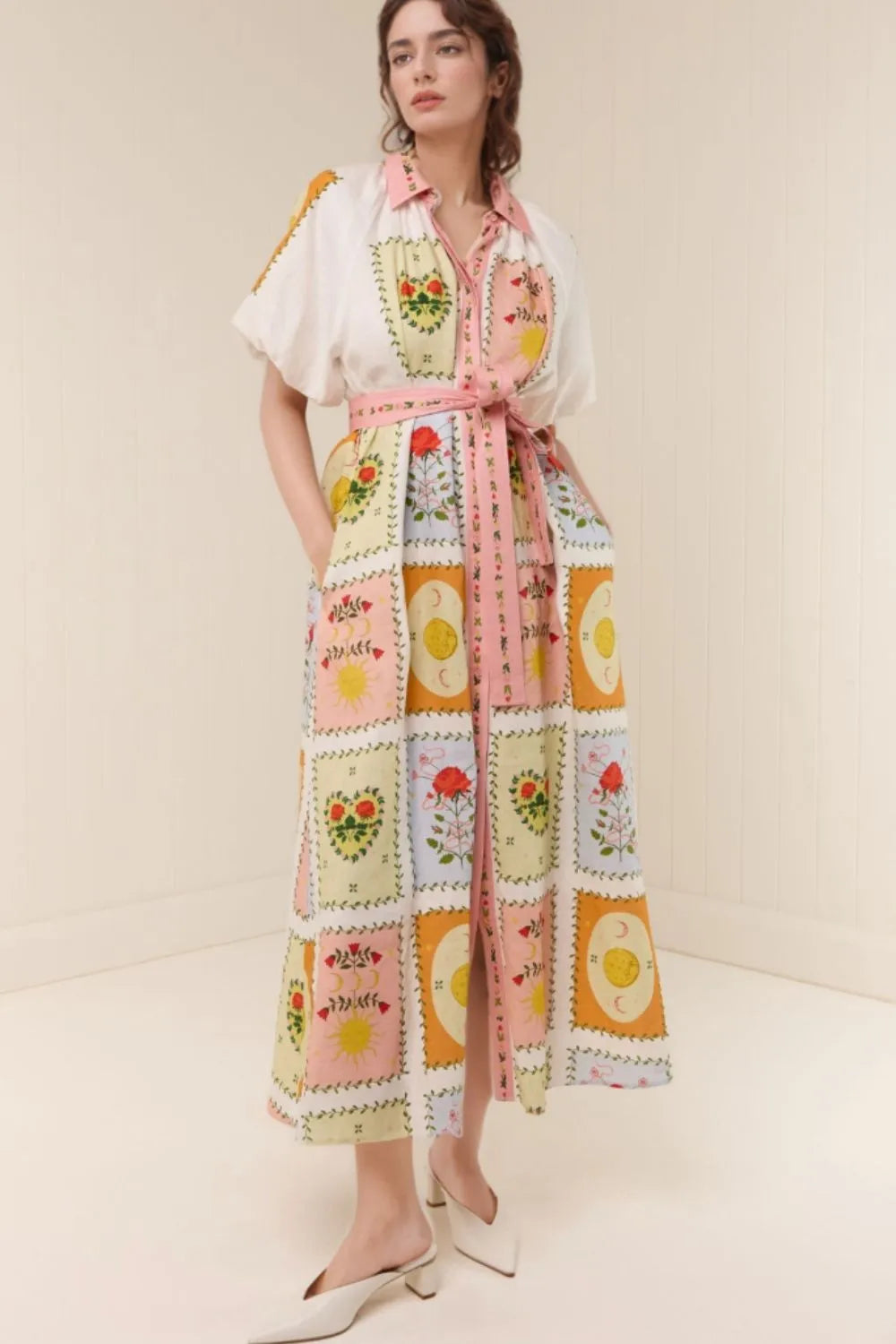Printed Short Sleeve Belted Maxi Dress