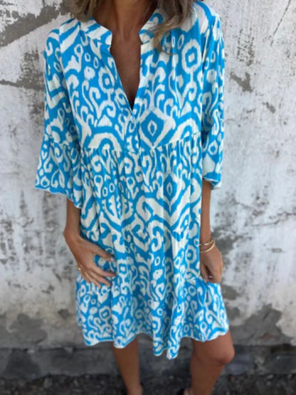 Full Size Printed Notched Half Sleeve Dress Plus Size