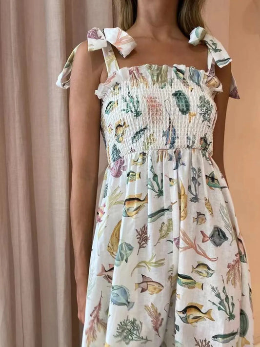 Floral Tie Shoulder Smocked Bodice Summer Dress