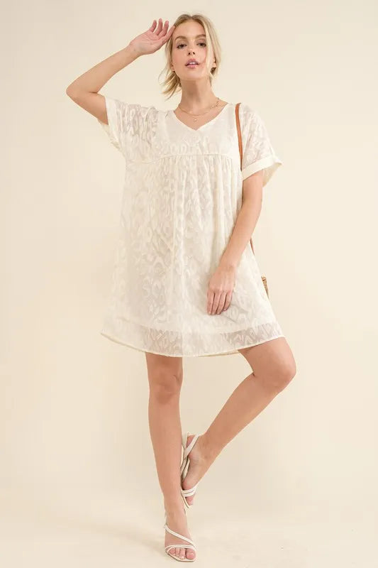 And The Why Woven Leopard Baby Doll Roll-Sleeve Casual Dress