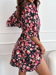Floral Print V-Neck Ruffle Mini Dress