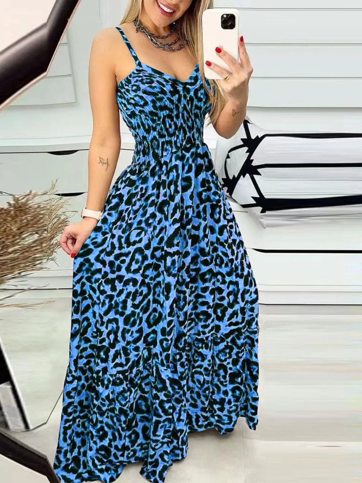 Full Size Leopard Print Spaghetti Strap Maxi Dress Plus Size