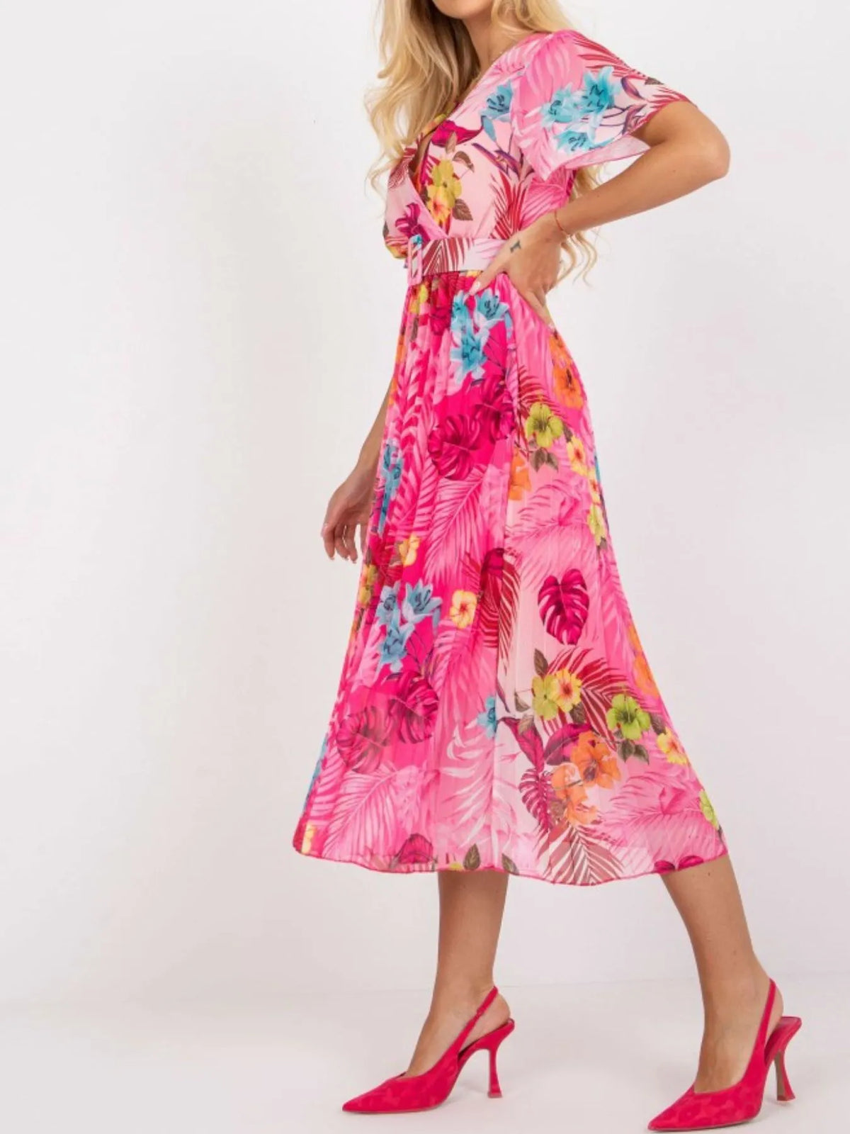 Printed Pleated Midi Wrap Dress with Belt