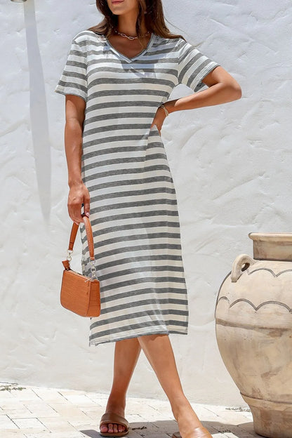Casual Striped V-Neck Midi T-Shirt Dress