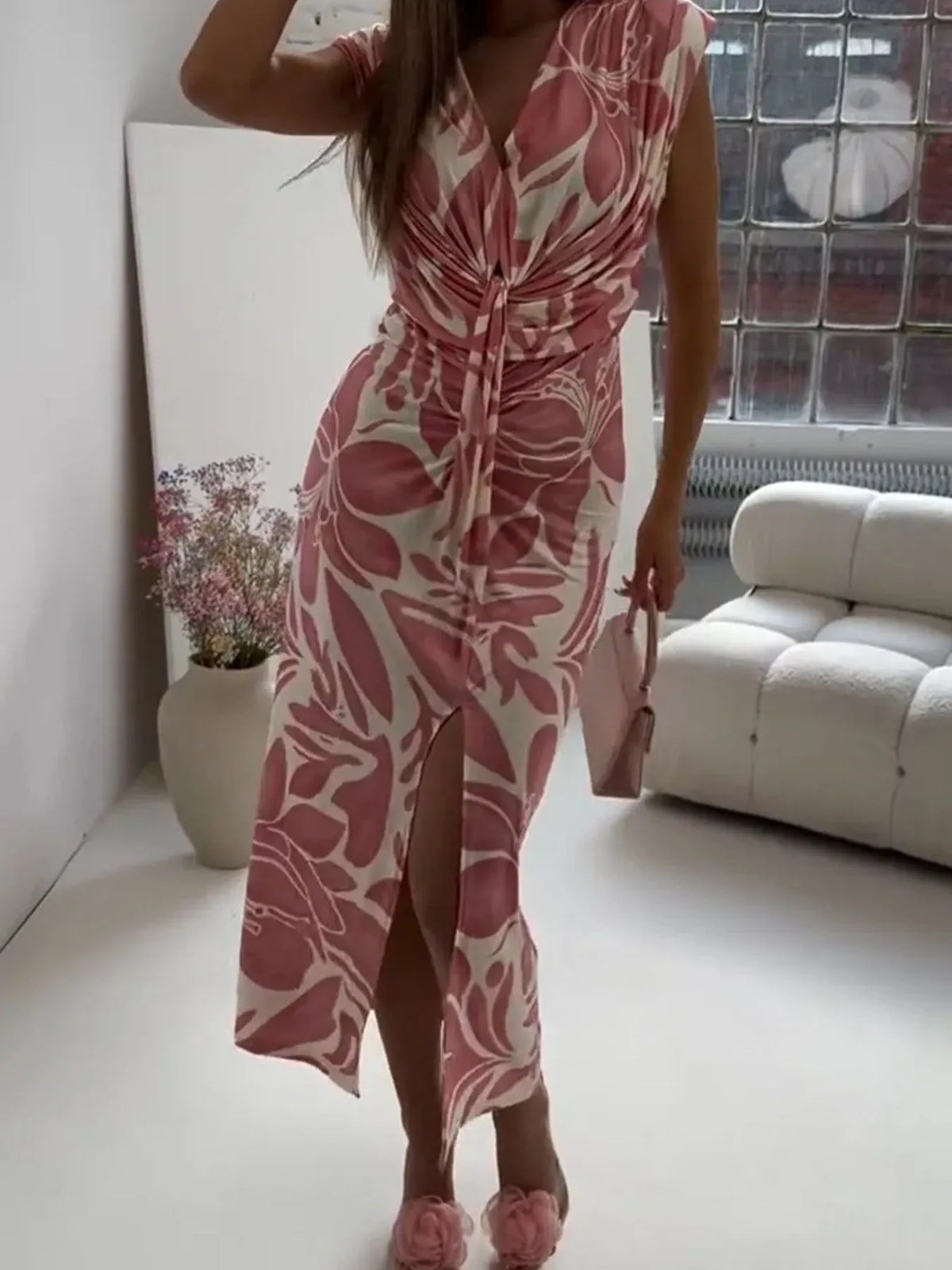 Full Size Slit Printed V-Neck Midi Dress Plus Size