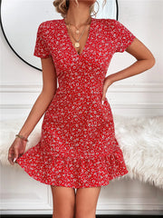 Printed Ruffled Hem V-Neck Short Sleeve Mini Dress