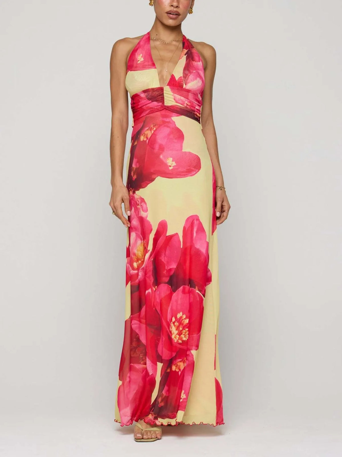 Floral Halter Neck Deep V Maxi Dress