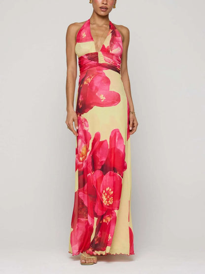 Floral Halter Neck Deep V Maxi Dress