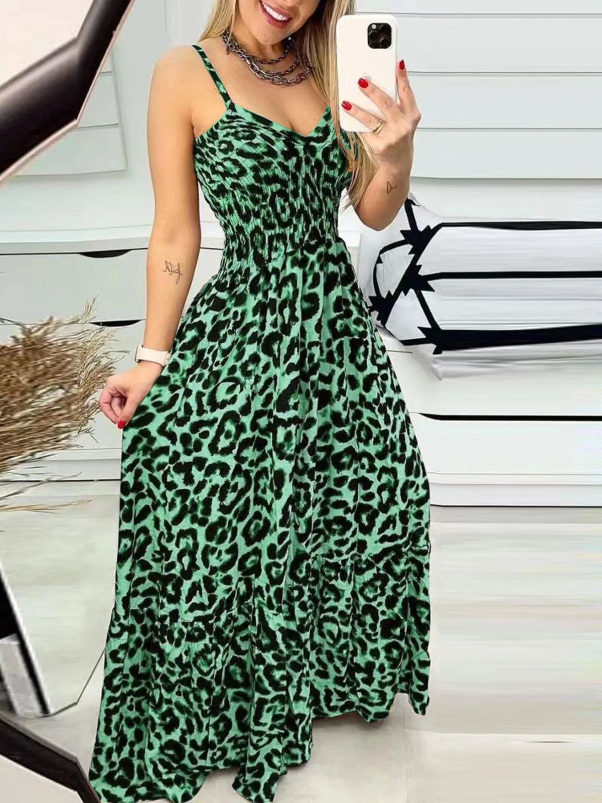 Full Size Leopard Print Spaghetti Strap Maxi Dress Plus Size