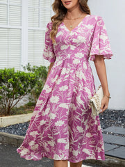 Floral Flutter Sleeve V-Neck Summer Midi Dress