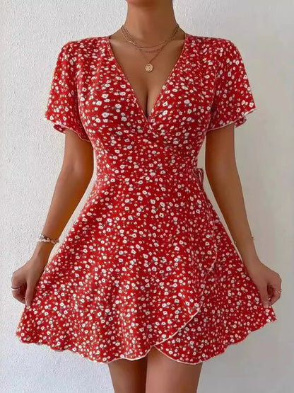 Floral Flutter Sleeve Wrap Mini Dress
