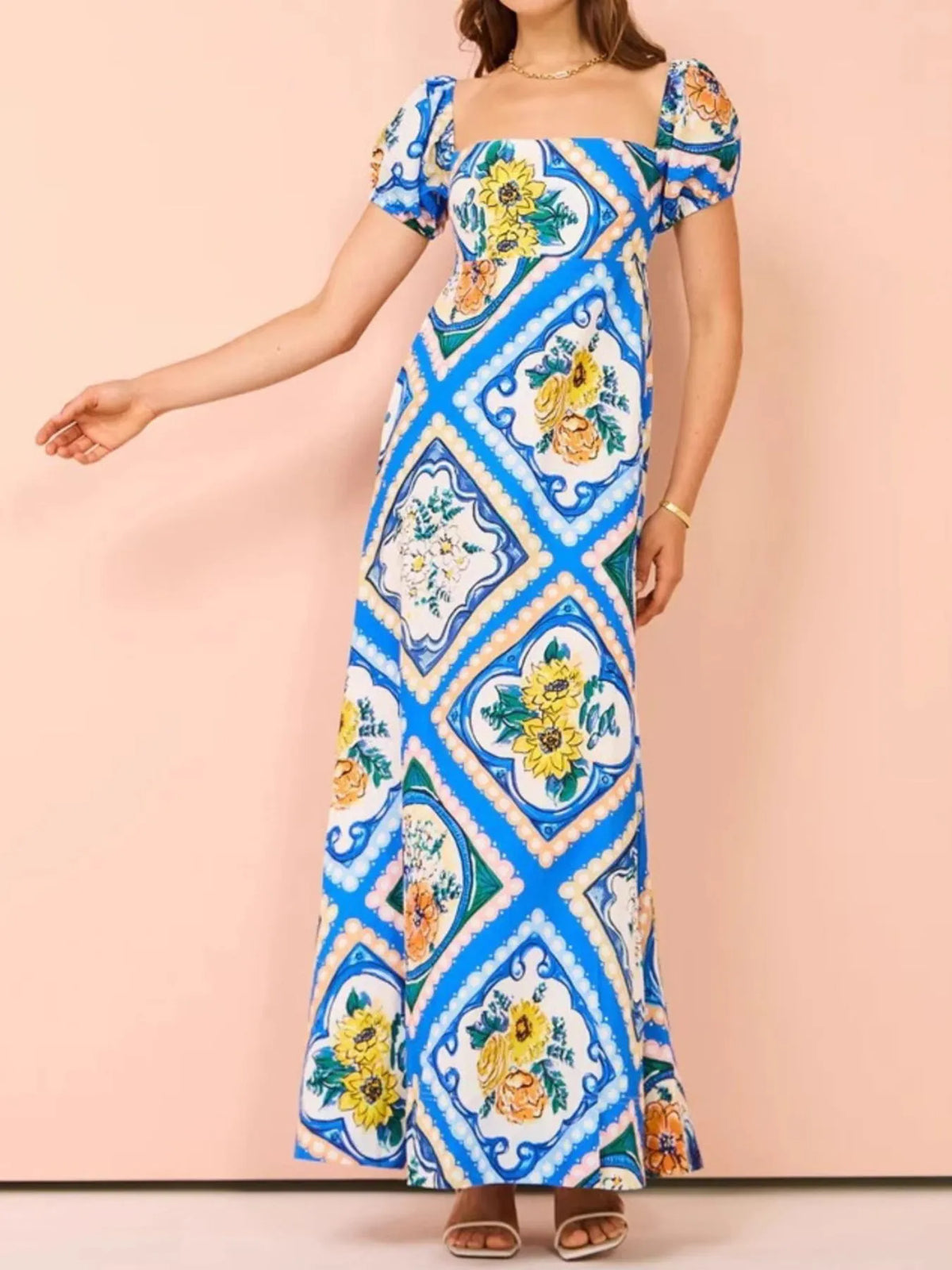 Printed Square Neck Puff Sleeve Maxi Dress