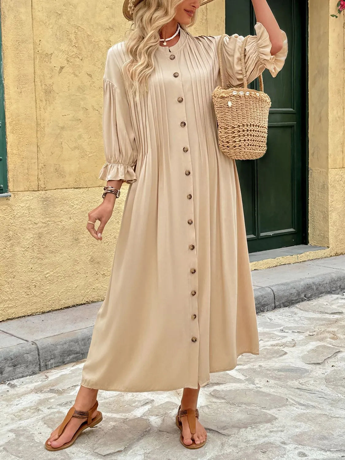 Button Front Flounce Sleeve Dress