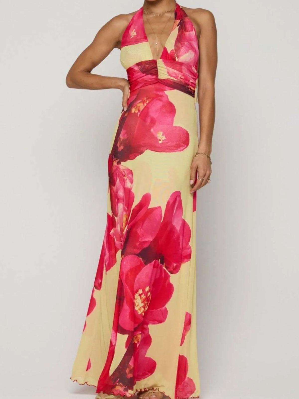 Floral Halter Neck Deep V Maxi Dress