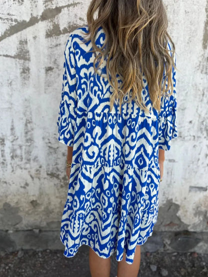 Full Size Printed Notched Half Sleeve Dress Plus Size