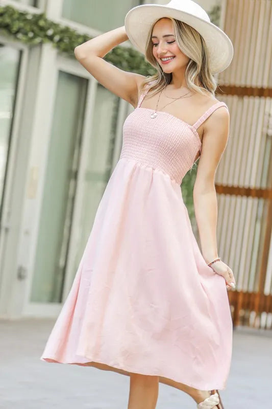 And The Why Smocking Open-Back Sleeveless Midi Dress