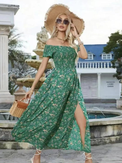 Full Size Slit Off-Shoulder Floral Midi Dress Plus Size