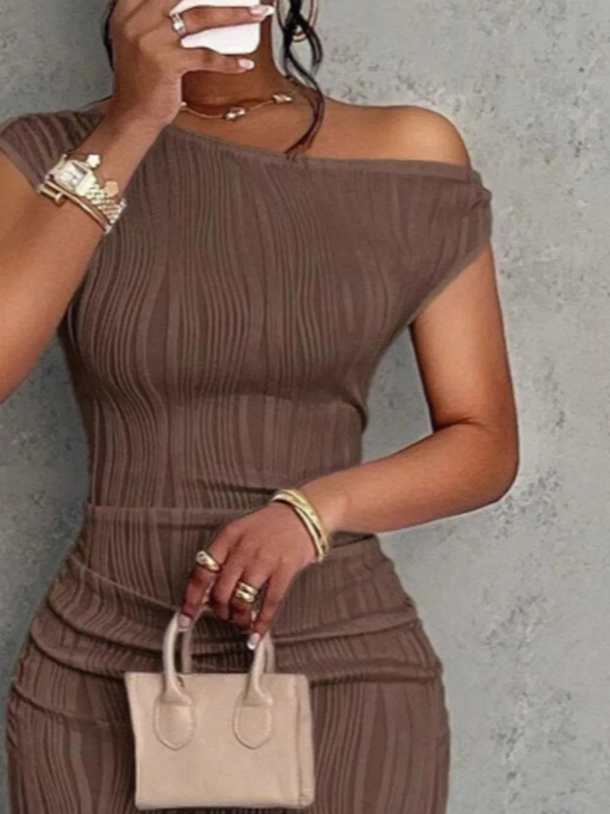 Textured Single Shoulder Bodycon Maxi Dress