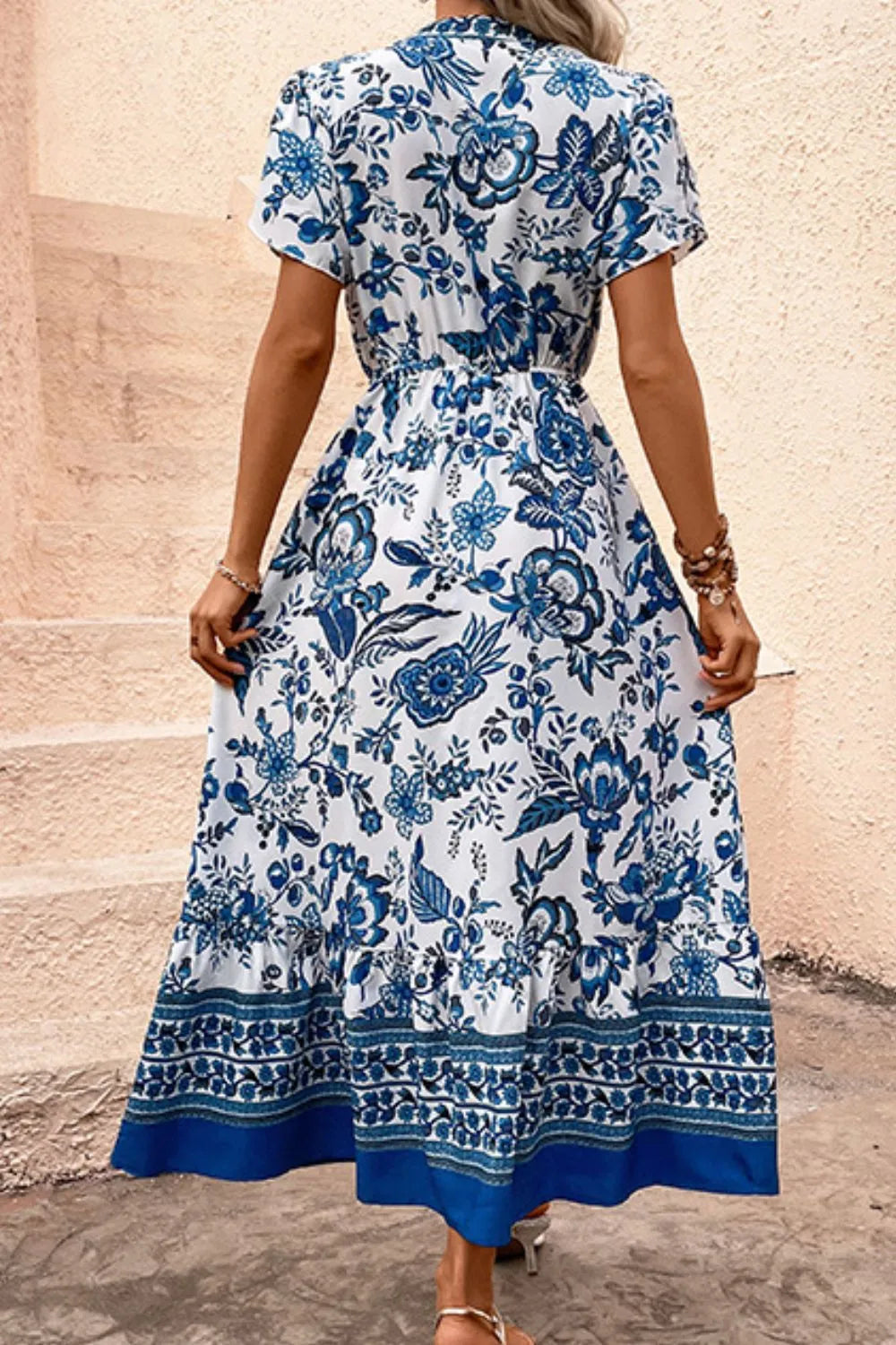 Printed Notched Short Sleeve Dress