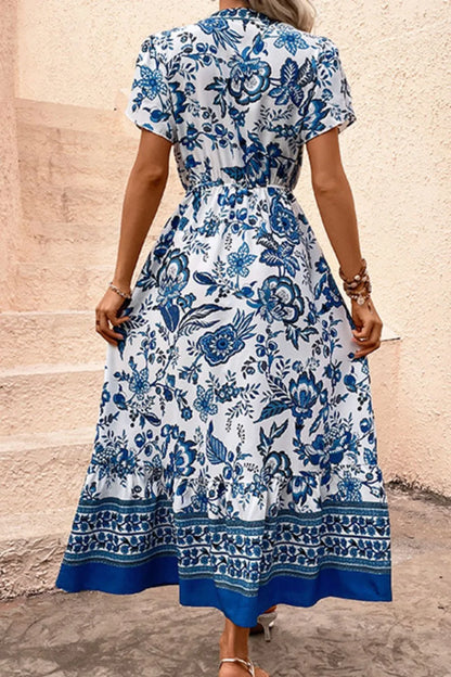 Printed Notched Short Sleeve Dress