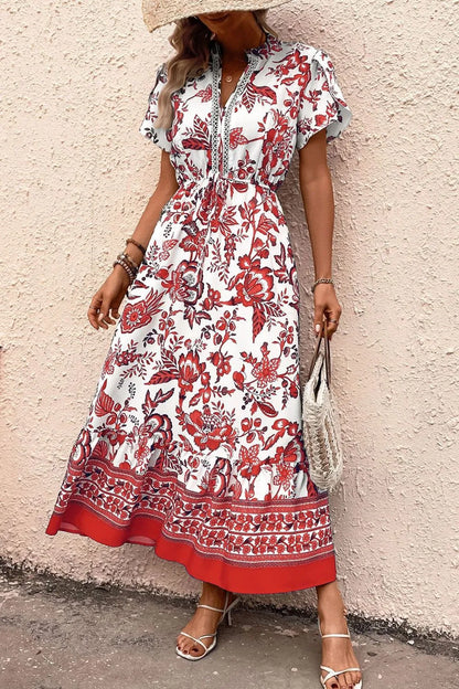 Printed Notched Short Sleeve Dress
