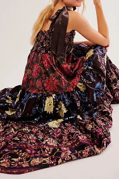 Floral Tiered Maxi Dress with Mixed Print Design