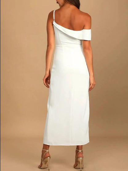 Split Asymmetrical Neck Midi Dress
