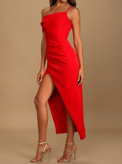 Split Asymmetrical Neck Midi Dress