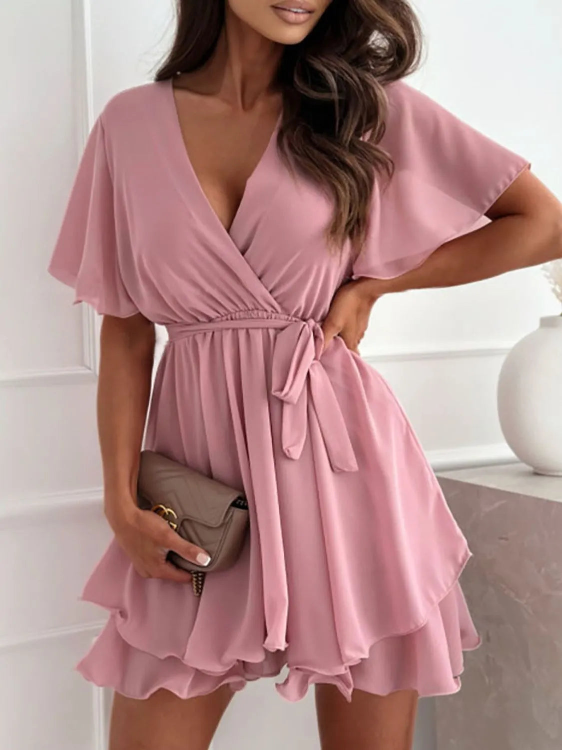 Surplice Flutter Sleeve Mini Dress