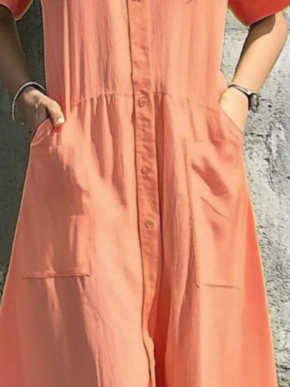 Button Front Short Sleeve Midi Dress