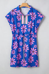 Floral Print Zip Collar Drawstring Summer Mini Dress