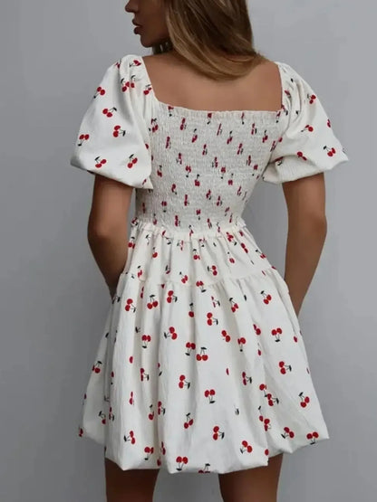 Puff Sleeve Cherry Print Smocked Mini Dress