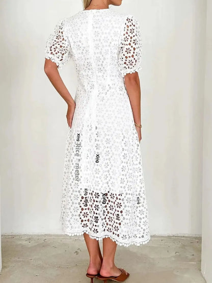 Eyelet Lace V-Neck Midi Dress with Puff Sleeves