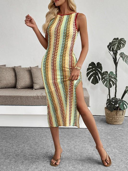Sleeveless Chevron Pattern Sweater Dress