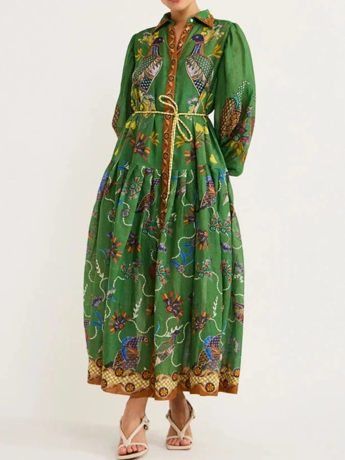 Printed Lantern Sleeve Maxi Shirt Dress